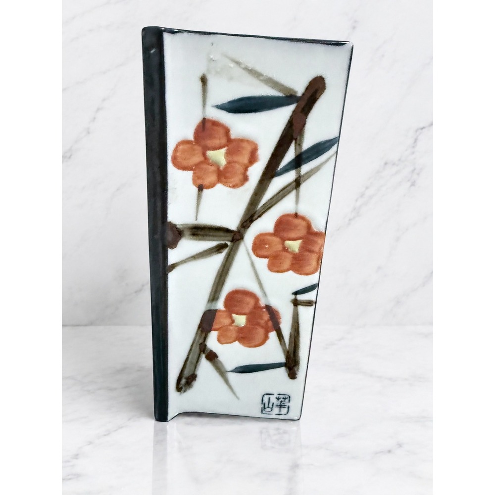 Vintage Japanese Square Ceramic Flower Vase Hand Painted Orange Floral Bamboo 7" - Picture 3 of 8